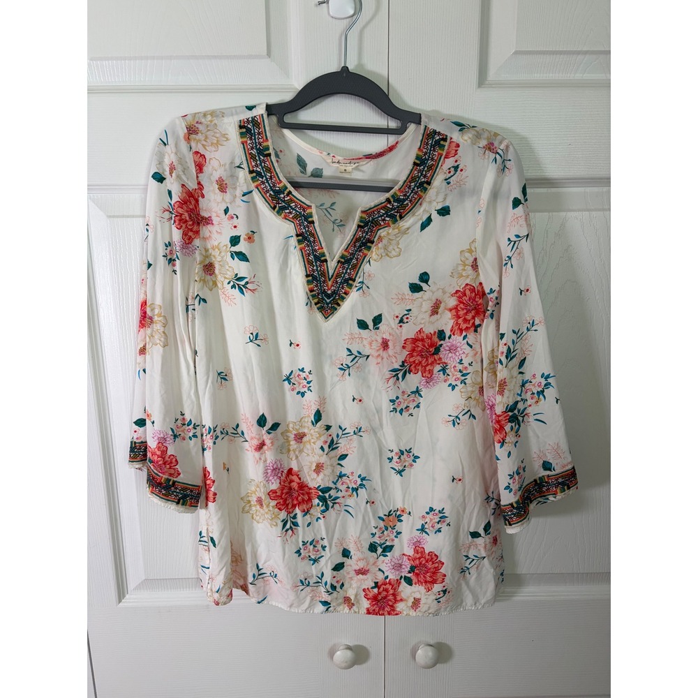 Linda Anderson Womens Floral Embroidered V-Neck Blouse White Boho Top Small